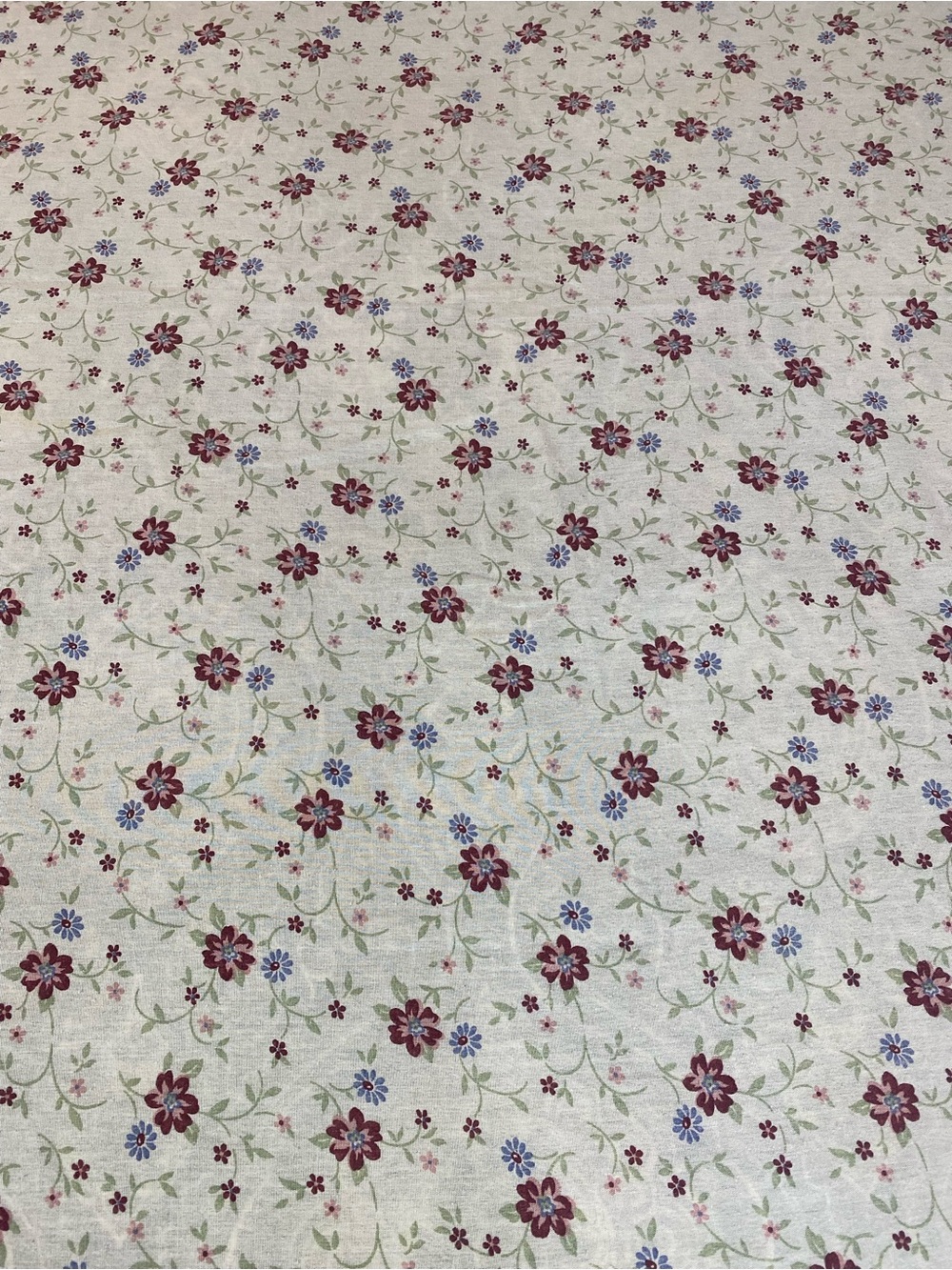 Ivory Floral Cotton Flat Sheet with Burgundy & Blue Blooms 70s Cottagecore